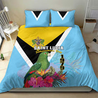 Sky blue bedding set with parrot artwork, pink and purple flowers, yellow crest, and striped design