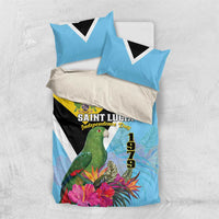 Sky blue and cream bedding set with parrot, tropical blooms, yellow emblem, and black-white triangles