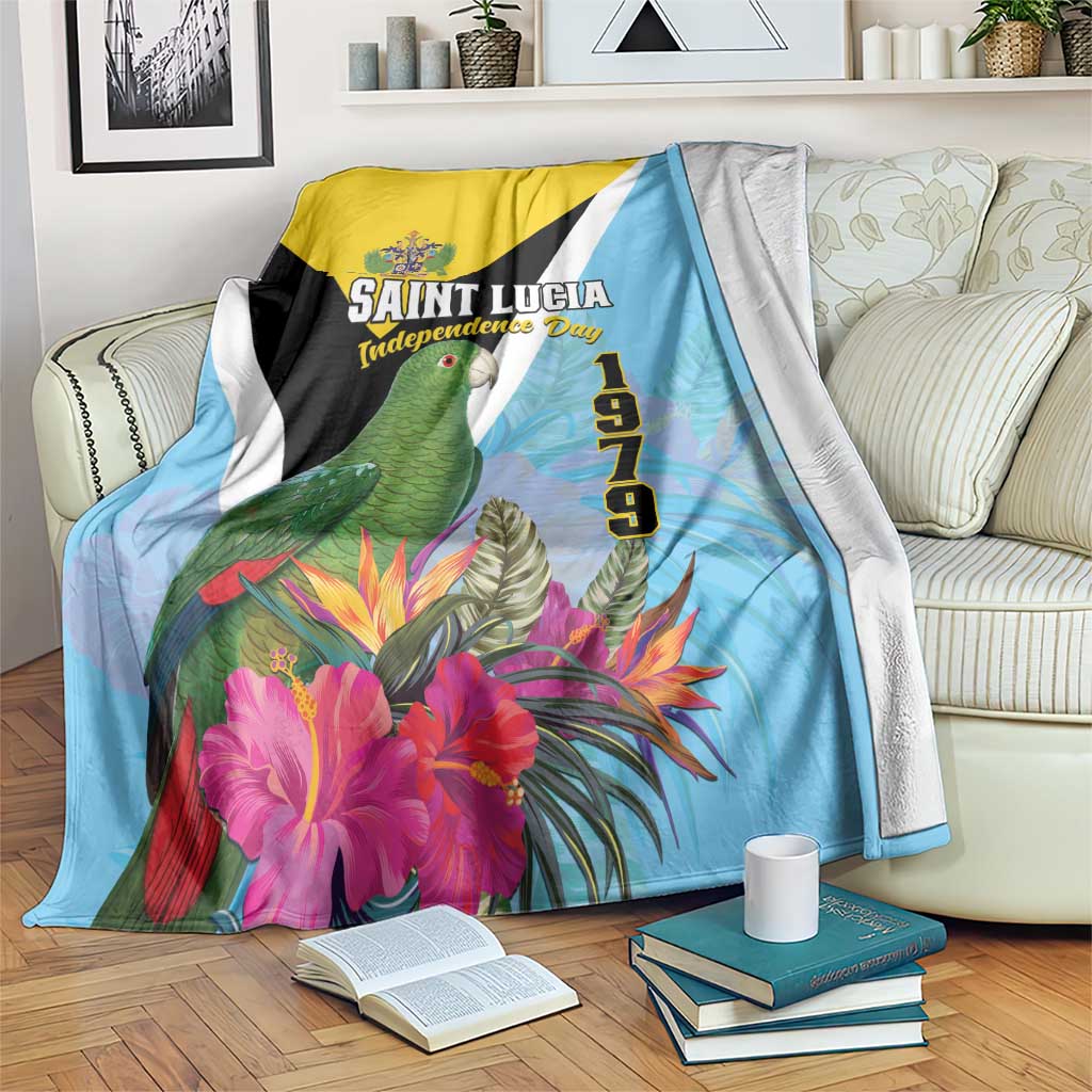 Sky blue tropical blanket with yellow/black/white diagonals, green parrot and pink flowers