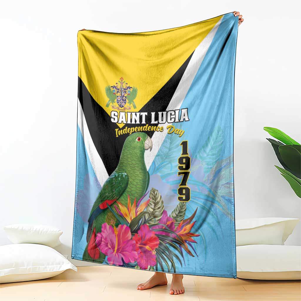 Tropical blanket with diagonal yellow, black, white panels; green parrot and bright flowers