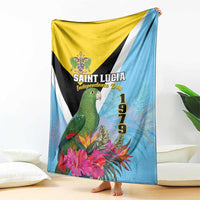 Tropical blanket with diagonal yellow, black, white panels; green parrot and bright flowers