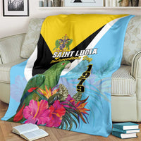 Sky blue tropical blanket with yellow top panel, black triangle, parrot and colorful flowers
