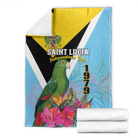 Folded tropical blanket set: sky blue with yellow/black/white diagonal, green parrot, flowers
