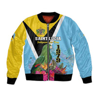 Unisex bomber jacket, sky blue and yellow with parrot tropical graphic and black trim