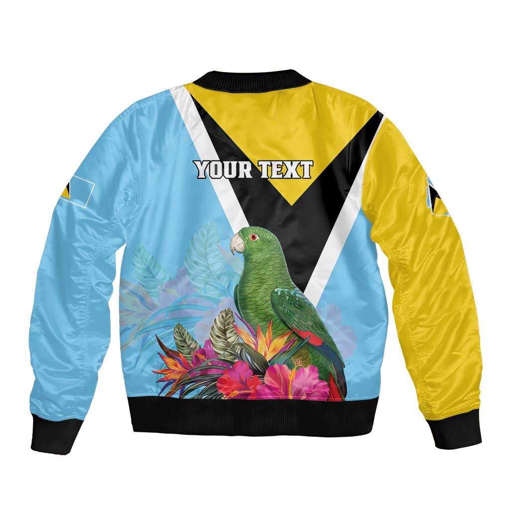 Bomber jacket back, yellow and sky blue with parrot floral print and 'YOUR TEXT'