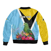 Bomber jacket back, yellow and sky blue with parrot floral print and 'YOUR TEXT'