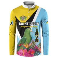 Two-tone henley sweatshirt with Saint Lucia Independence Day 1979, parrot and flowers