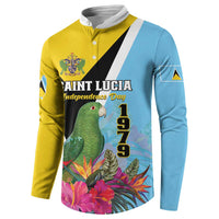 Henley sweatshirt front with Saint Lucia Independence Day 1979 parrot and floral print