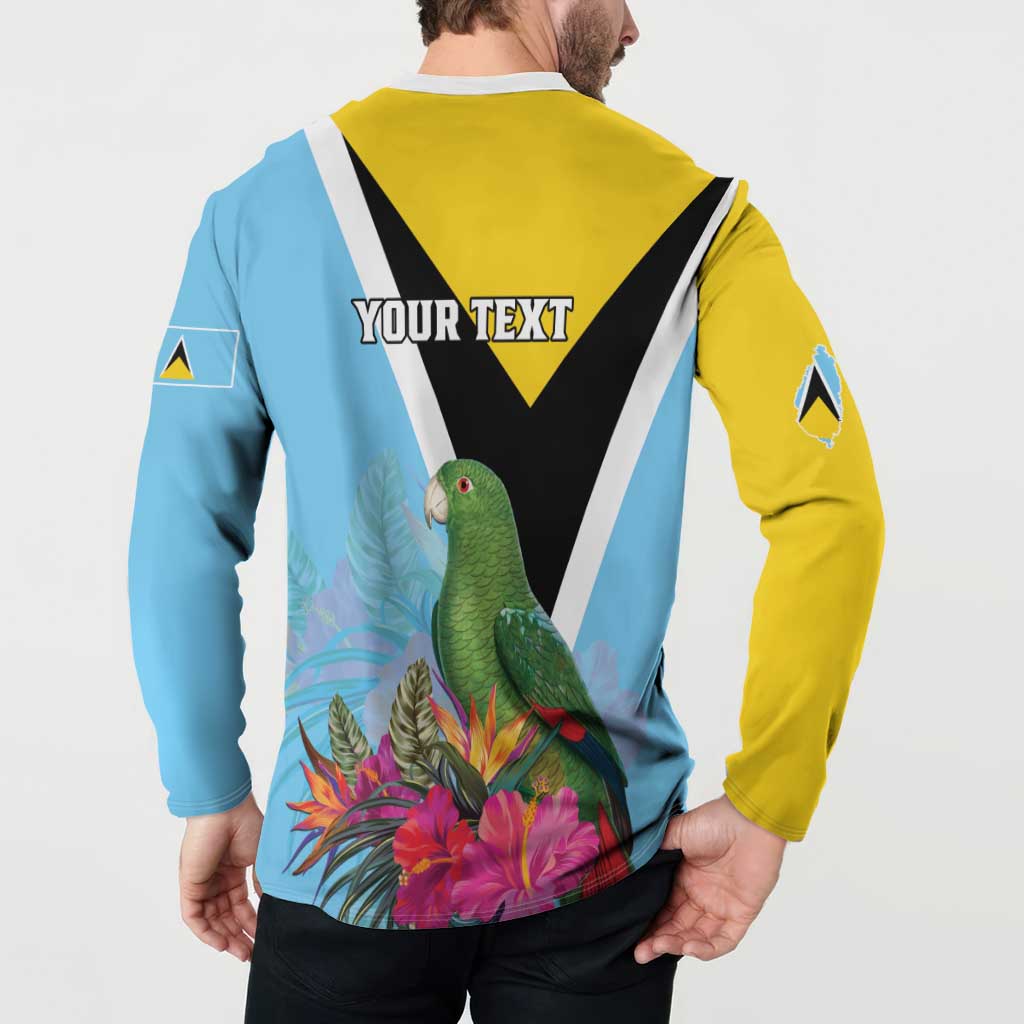 Back view two-tone custom text button sweatshirt with parrot and tropical flowers