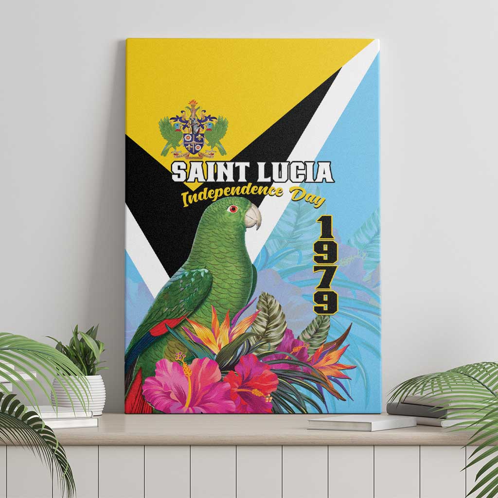 Saint Lucia Independence Day canvas wall art with green parrot and 1979 text, front view