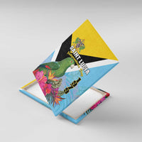 Angled Saint Lucia Independence Day canvas wall art with green parrot and 1979, corner view