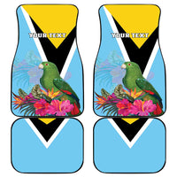 Set of 4 sky blue tropical car mats with parrot, flowers, and custom text