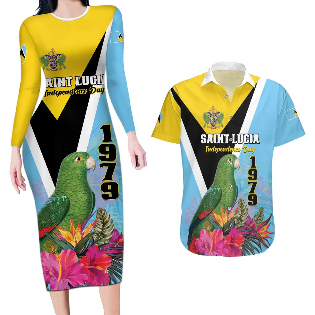 Personalized Saint Lucia Independence Day Couples Matching Long Sleeve Bodycon Dress and Hawaiian Shirt Tropical Amazona Versicolor