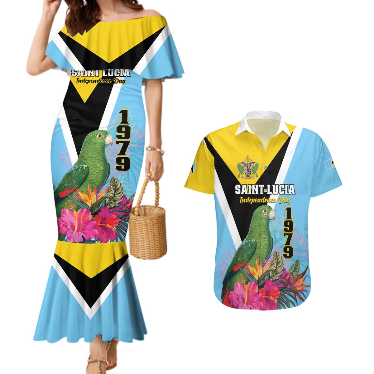 Personalized Saint Lucia Independence Day Couples Matching Mermaid Dress and Hawaiian Shirt Tropical Amazona Versicolor