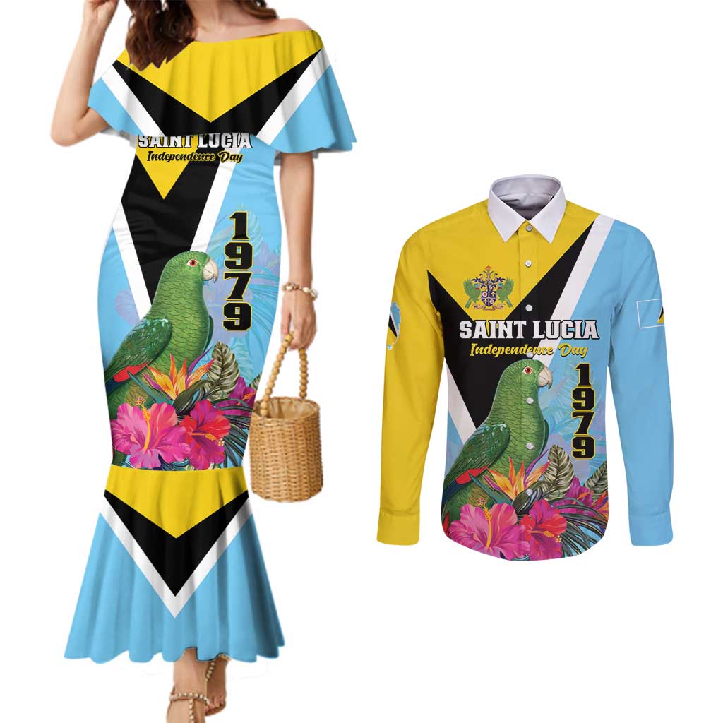 Personalized Saint Lucia Independence Day Couples Matching Mermaid Dress and Long Sleeve Button Shirt Tropical Amazona Versicolor