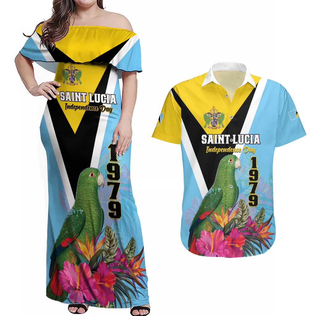 Personalized Saint Lucia Independence Day Couples Matching Off Shoulder Maxi Dress and Hawaiian Shirt Tropical Amazona Versicolor