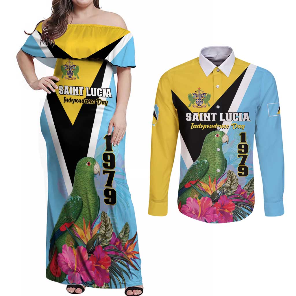 Personalized Saint Lucia Independence Day Couples Matching Off Shoulder Maxi Dress and Long Sleeve Button Shirt Tropical Amazona Versicolor