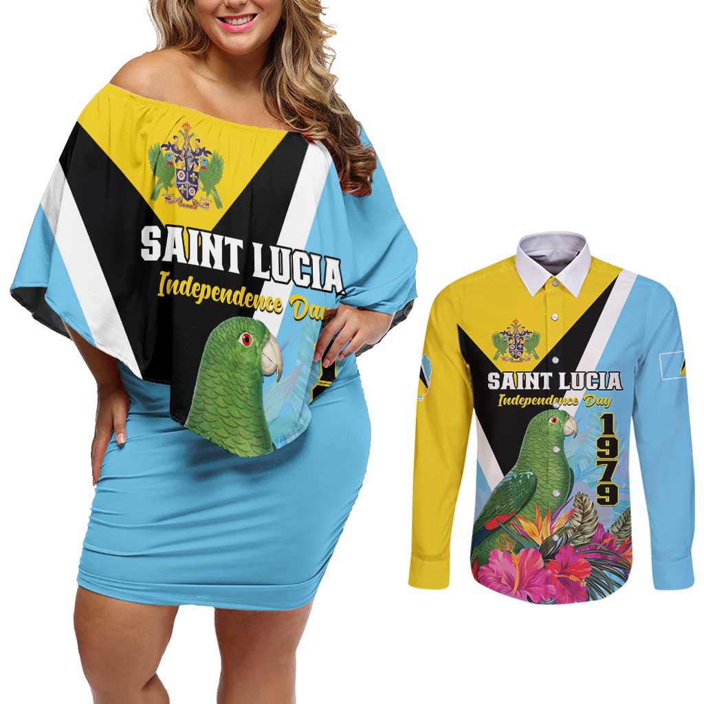 Personalized Saint Lucia Independence Day Couples Matching Off Shoulder Short Dress and Long Sleeve Button Shirt Tropical Amazona Versicolor