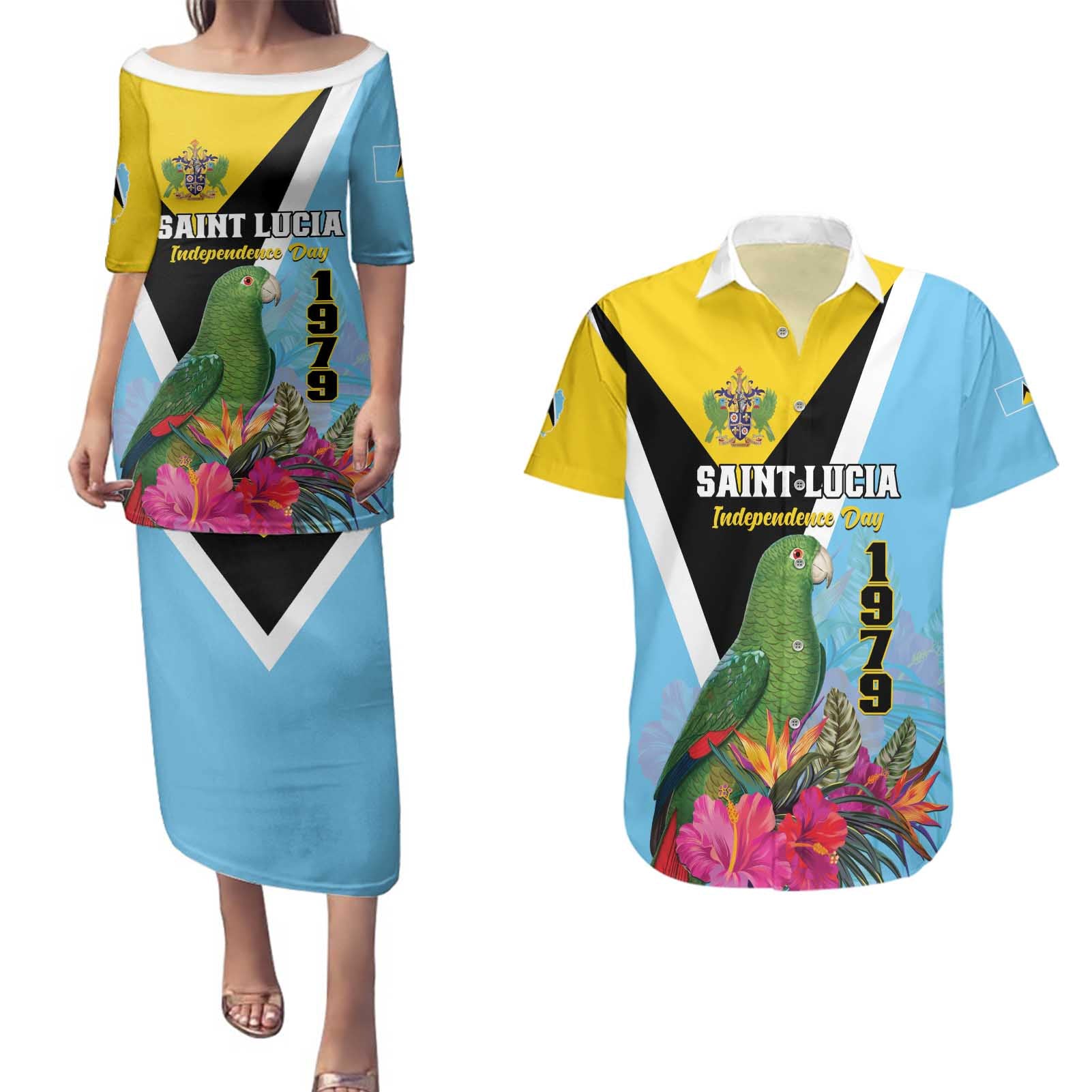 Personalized Saint Lucia Independence Day Couples Matching Puletasi and Hawaiian Shirt Tropical Amazona Versicolor