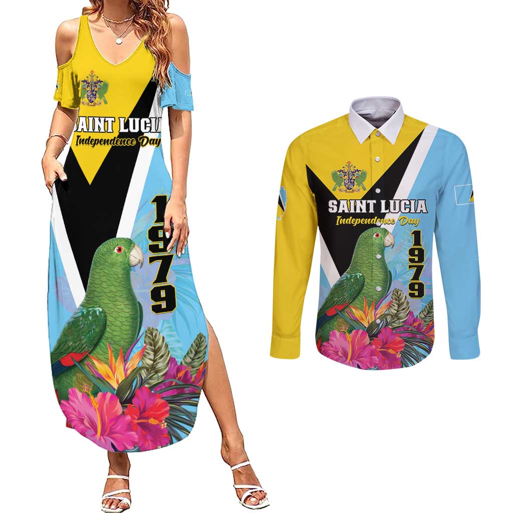 Personalized Saint Lucia Independence Day Couples Matching Summer Maxi Dress and Long Sleeve Button Shirt Tropical Amazona Versicolor