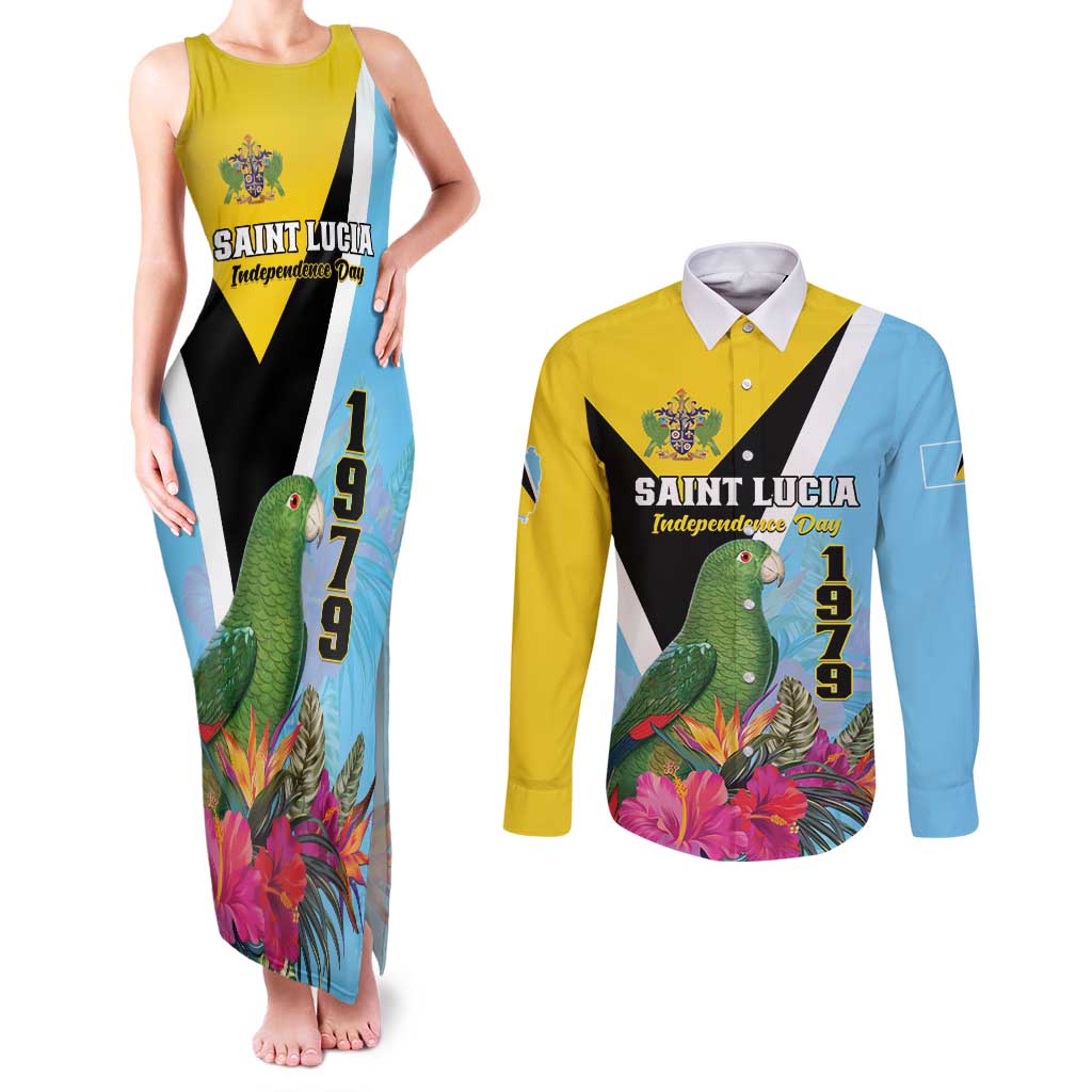 Personalized Saint Lucia Independence Day Couples Matching Tank Maxi Dress and Long Sleeve Button Shirt Tropical Amazona Versicolor