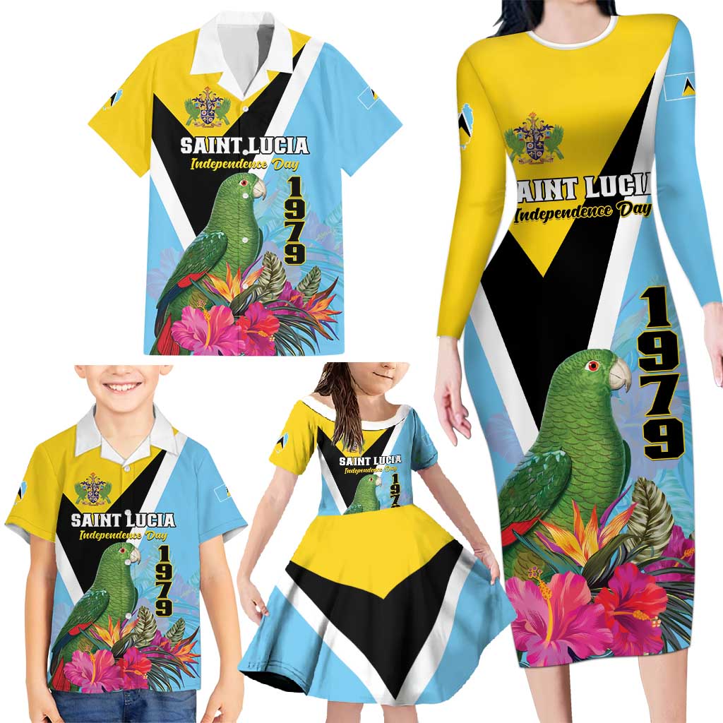 Personalized Saint Lucia Independence Day Family Matching Long Sleeve Bodycon Dress and Hawaiian Shirt Tropical Amazona Versicolor