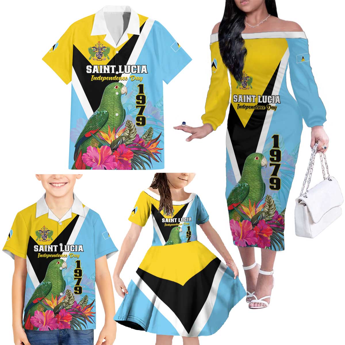 Personalized Saint Lucia Independence Day Family Matching Off The Shoulder Long Sleeve Dress and Hawaiian Shirt Tropical Amazona Versicolor