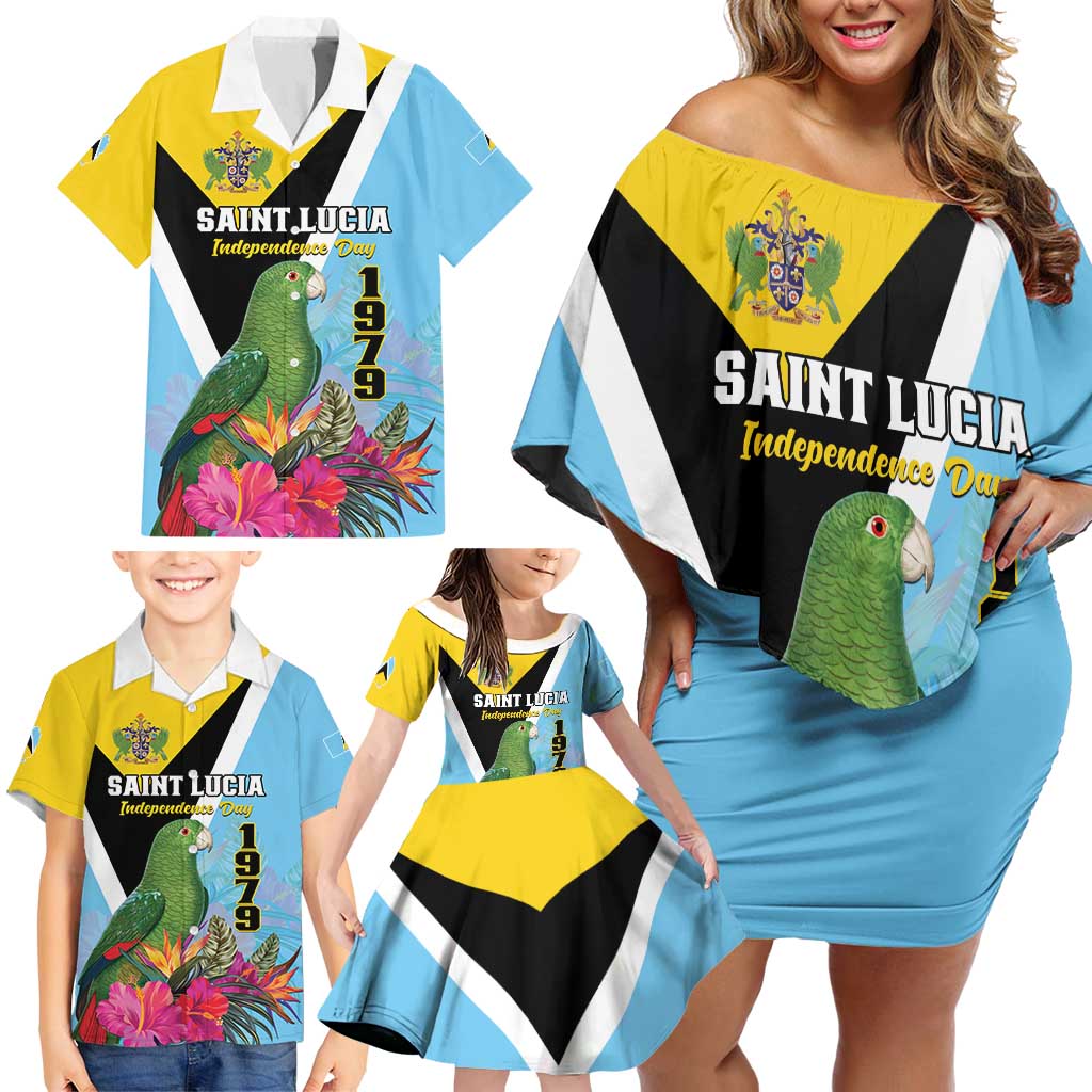 Personalized Saint Lucia Independence Day Family Matching Off Shoulder Short Dress and Hawaiian Shirt Tropical Amazona Versicolor