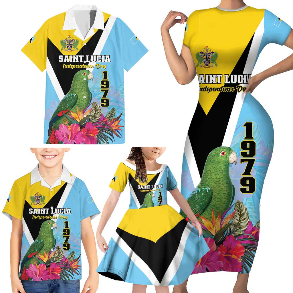 Personalized Saint Lucia Independence Day Family Matching Short Sleeve Bodycon Dress and Hawaiian Shirt Tropical Amazona Versicolor