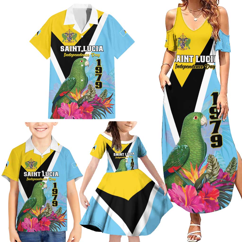 Personalized Saint Lucia Independence Day Family Matching Summer Maxi Dress and Hawaiian Shirt Tropical Amazona Versicolor