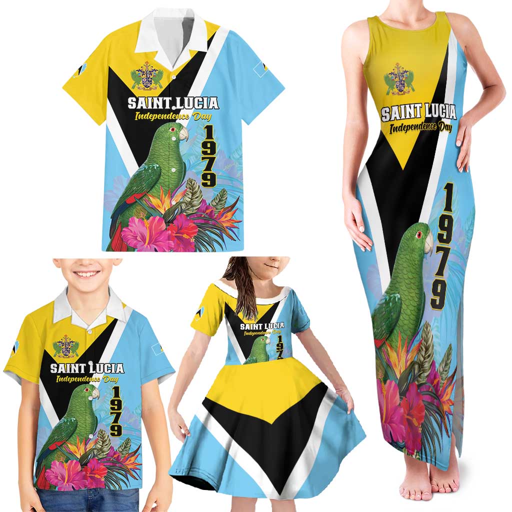 Personalized Saint Lucia Independence Day Family Matching Tank Maxi Dress and Hawaiian Shirt Tropical Amazona Versicolor