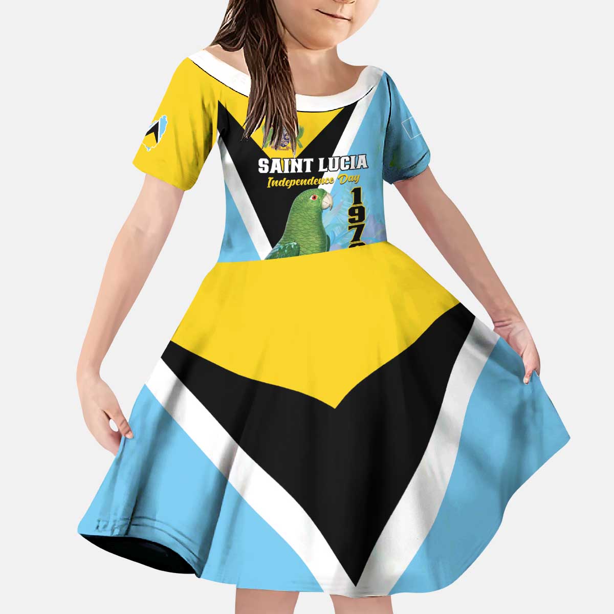 Personalized Saint Lucia Independence Day Kid Short Sleeve Dress Tropical Amazona Versicolor