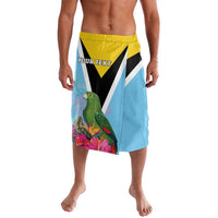 Light blue tropical lavalava with yellow waistband, bird, flowers, chevron, YOUR TEXT