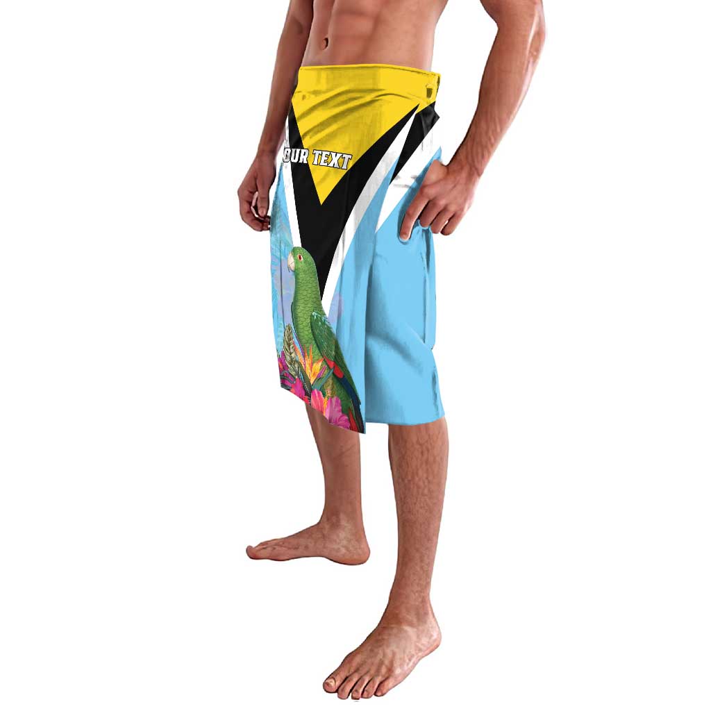 Light blue tropical lavalava skirt, yellow waistband, chevron print with bird and flowers
