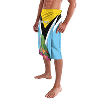 Light blue tropical lavalava skirt, yellow waistband, chevron print with bird and flowers