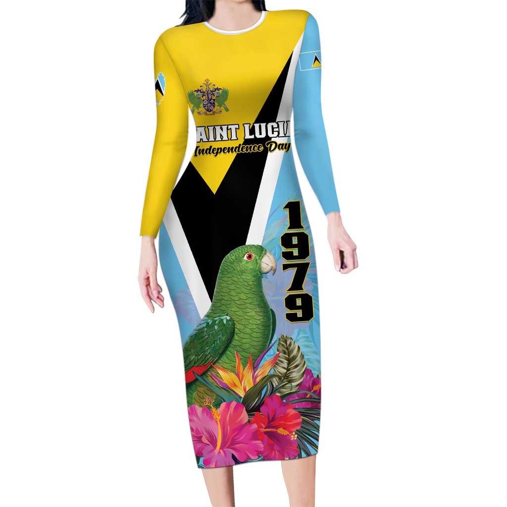 Personalized Saint Lucia Independence Day Long Sleeve Bodycon Dress Tropical Amazona Versicolor