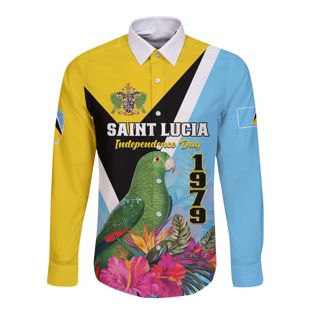 Personalized Saint Lucia Independence Day Long Sleeve Button Shirt Tropical Amazona Versicolor