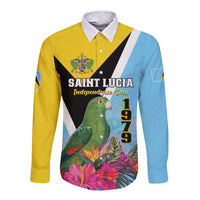 Long-sleeve button shirt with tropical parrot and flowers, 'SAINT LUCIA Independence Day' print