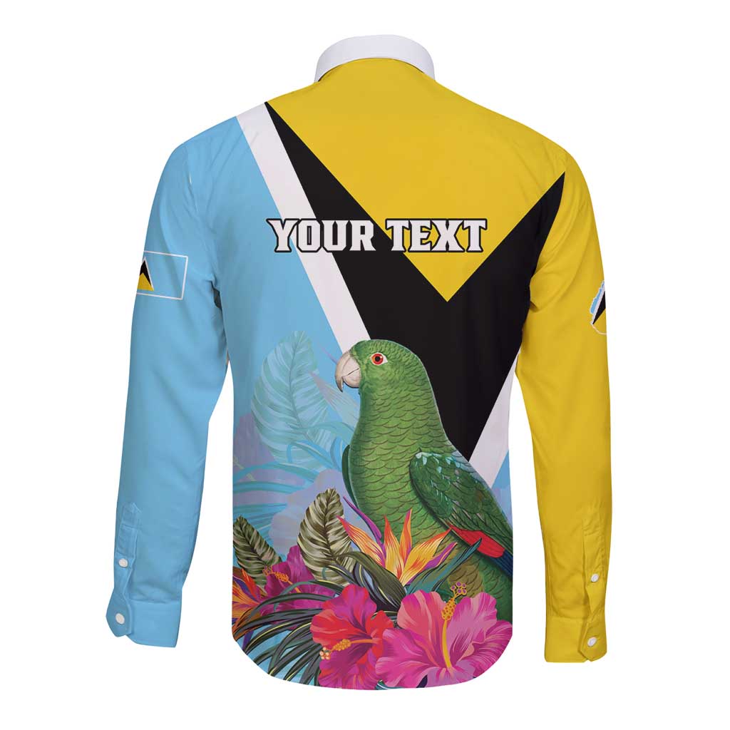 Long-sleeve button shirt with tropical parrot and flowers, and 'YOUR TEXT' on back