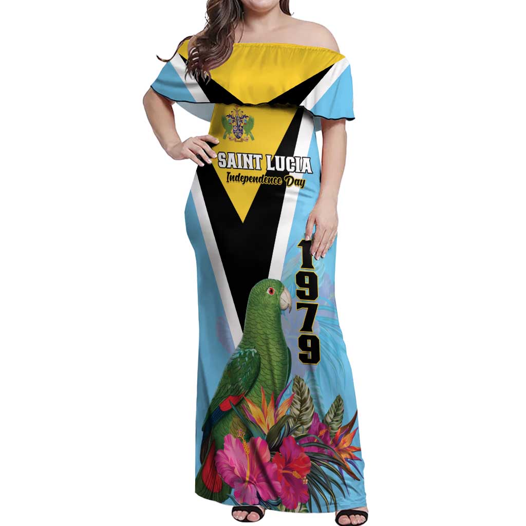 Personalized Saint Lucia Independence Day Off Shoulder Maxi Dress Tropical Amazona Versicolor