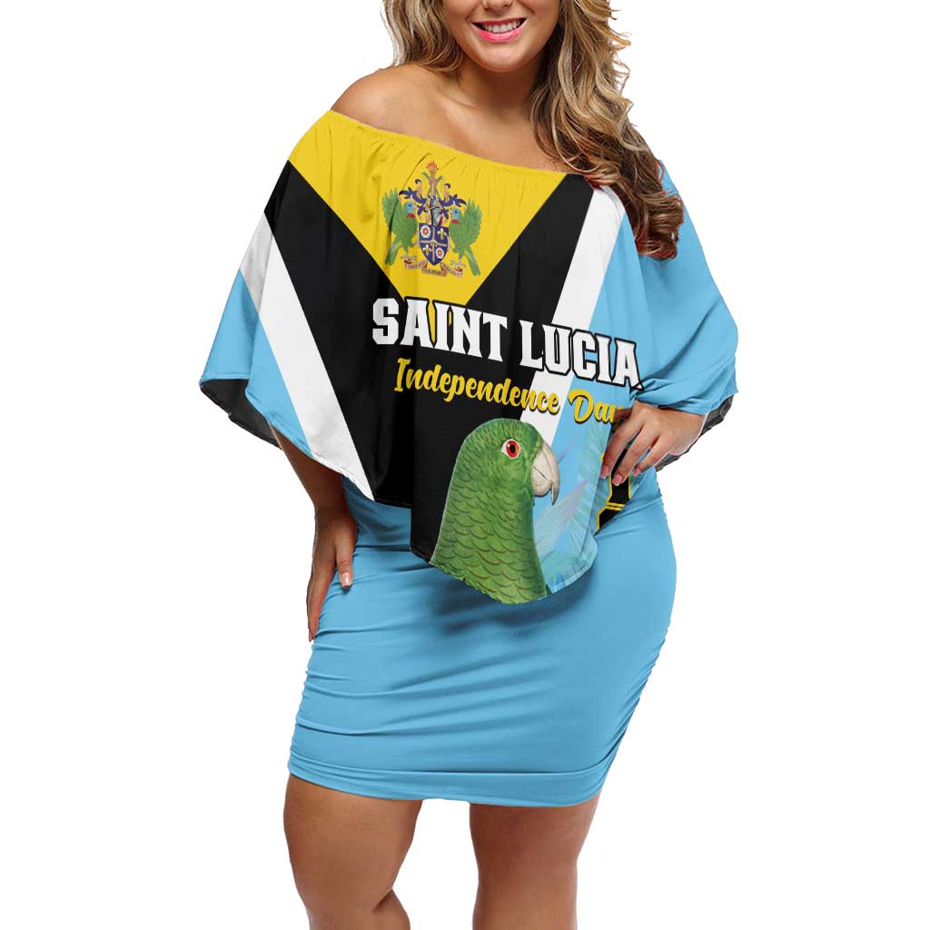 Personalized Saint Lucia Independence Day Off Shoulder Short Dress Tropical Amazona Versicolor