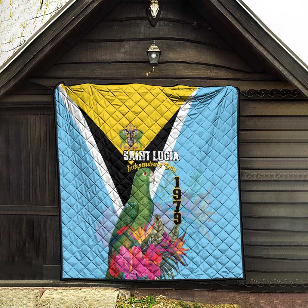 Folded sky blue quilt with yellow top panel, black V stripe, Saint Lucia crest and 1979