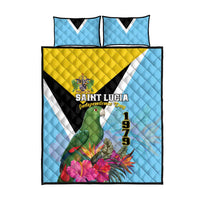 Sky blue quilt bed set with Independence Day text, parrot, and matching pillowcases