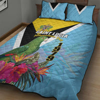 Sky blue quilt bed set with Independence Day text, green parrot and floral graphic