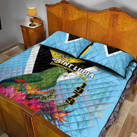 Sky blue quilt bed set with black-and-white stripes, parrot and Independence Day print