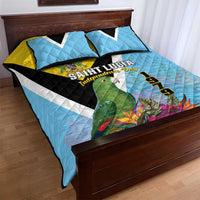 Sky blue quilt bed set with green parrot, colorful flowers, and Independence Day design