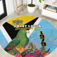 Round Independence Day tropical carpet with green parrot, colorful flowers, blue yellow, black stripe