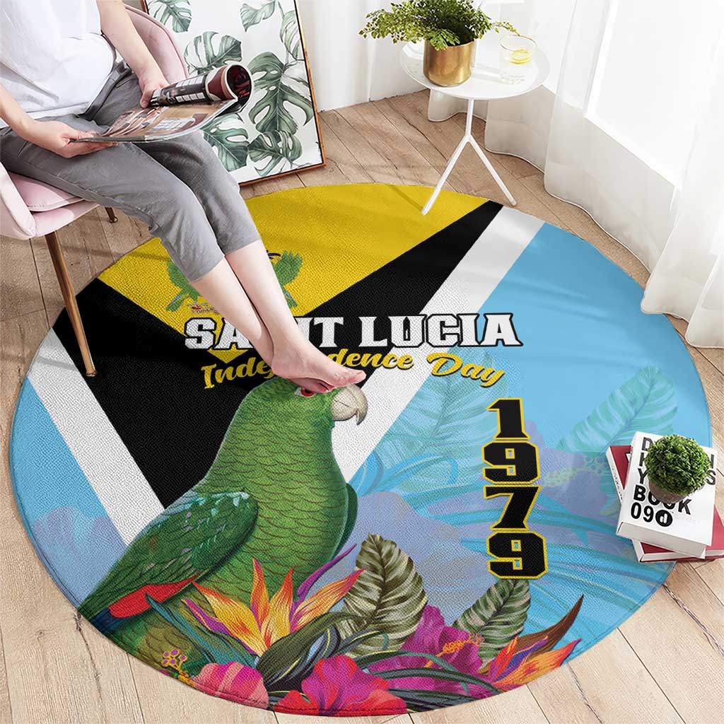 Round Independence Day tropical carpet on floor with green parrot and flowers, blue yellow with black band