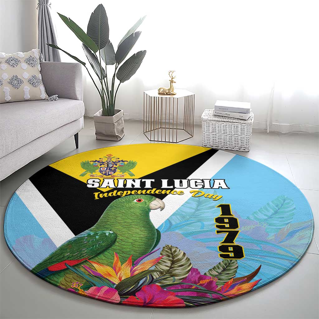Round tropical Independence Day carpet with green parrot and colorful flowers, blue and yellow design