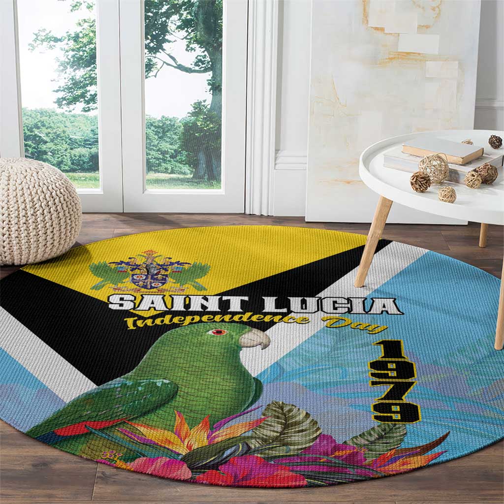 Round Independence Day tropical carpet with Saint Lucia text, green parrot, flowers, blue yellow black